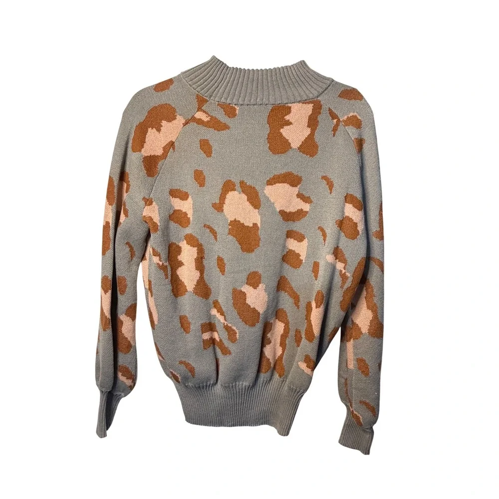 Leopard Print‎ Mock Neck Knit Sweater Grey Animal Print Long Sleeve Womens Small